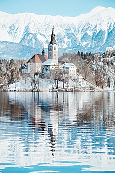 Lake Bled with Bled Island and Castle at sunrise in winter, Slovenia