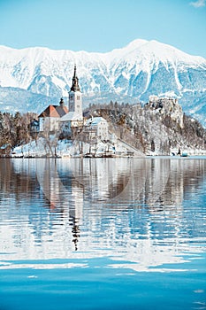 Lake Bled with Bled Island and Castle at sunrise in winter, Slovenia