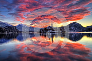 Lake Bled, The Church of the Assumption of the Virgin Mary, Bled Island, Slovenia - sunrise
