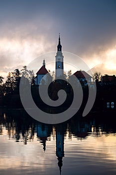 Lake Bled at foggy autumn morning