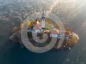 Lake Bled on a foggy and misty autumn morning