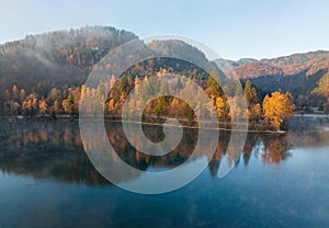 Lake Bled on a foggy and misty autumn morning