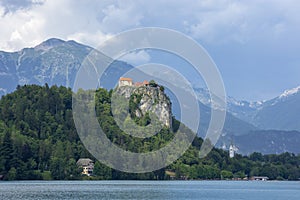 Lake Bled with high mountains and castle, Slovenia