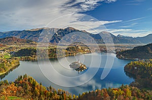 Lake Bled, Island Bled and church Assumption of the Virgin Mary , Slovenia - autumn view from peak Mala Osojnica