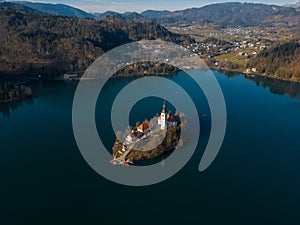 Lake Bled island with church panoramic view