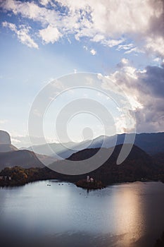 Lake Bled, island in the lake at sunrise in autumn or winter