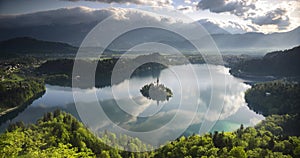 Lake Bled island landscape timelapse in Slovenia. Time lapse of clouds over Julian Alps Mountains R