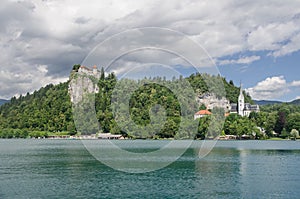 Lake Bled with mountains and castle