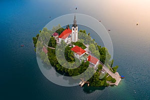 Lake Bled, Slovenia - Aerial view of beautiful Lake Bled Blejsko Jezero with the Pilgrimage Church of the Assumption of Maria photo