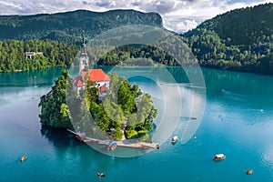 Lake Bled, Slovenia - Aerial view of beautiful Lake Bled Blejsko Jezero with the Pilgrimage Church of the Assumption of Maria