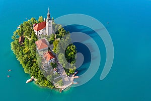 Lake Bled, Slovenia - Aerial view of beautiful Lake Bled Blejsko Jezero with the Pilgrimage Church of the Assumption of Maria