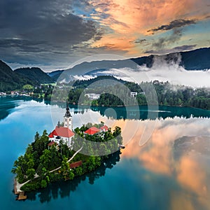 Lake Bled, Slovenia - Beautiful aerial view of Lake Bled Blejsko Jezero with the Pilgrimage Church of the Assumption of Maria