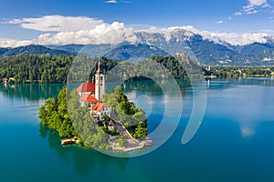 Lake Bled, Slovenia - Beautiful aerial view of Lake Bled Blejsko Jezero with the Pilgrimage Church of the Assumption of Maria