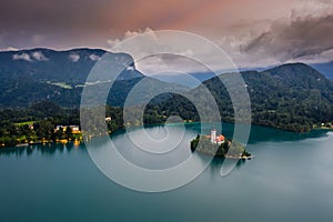 Lake Bled, Slovenia - Beautiful aerial view of Lake Bled Blejsko Jezero with the Pilgrimage Church of the Assumption of Maria