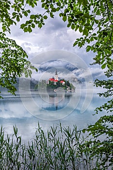 Lake Bled, Slovenia - Beautiful Lake Bled Blejsko Jezero with the Pilgrimage Church of the Assumption of Maria, Bled Castle