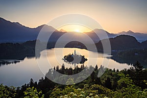 Lake Bled Slovenia. Beautiful mountain Bled lake with small Pilgrimage Church. Most famous Slovenian lake and island Bled with Pi