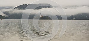 Lake Bled, Slovenia, Europe. An island in the middle of the lake and the Church of the Assumption of Mary