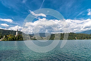 Lake Bled, Slovenia, Europe. Mountains and valley on background.