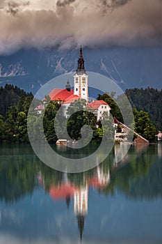 Lake Bled, Slovenia - Morning view of Lake Bled Blejsko Jezero with the Pilgrimage Church of the Assumption of Maria photo