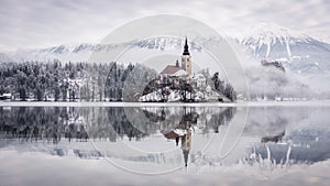 Lake Bled with St. Marys Church of the Assumption on the small island - Bled, Slovenia, Europe.