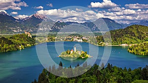 Lake Bled with St. Marys Church of Assumption on small island. Bled, Slovenia, Europe. The Church of the Assumption, Bled,