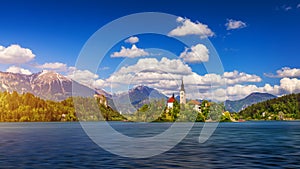 Lake Bled with St. Marys Church of Assumption on small island. Bled, Slovenia, Europe. The Church of the Assumption, Bled,