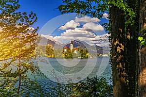 Lake Bled with St. Marys Church of Assumption on small island. Bled, Slovenia, Europe. The Church of the Assumption, Bled,