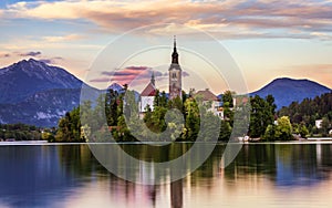 Lake Bled with St. Marys Church of Assumption on small island. Bled, Slovenia, Europe. The Church of the Assumption, Bled,