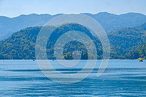 Lake Bled with St. Marys Church of Assumption on small island on