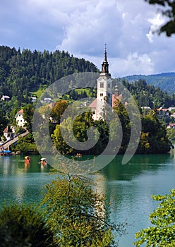 Lake Bled with St Marys church on the small island photo