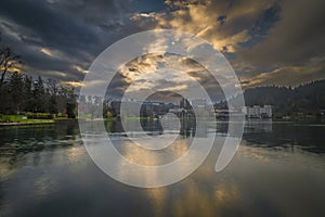 Lake in Bled town in spring morning in Slovenia