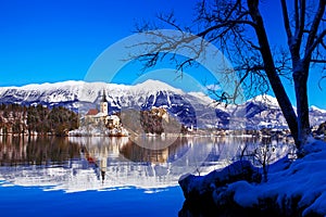 Lake Bled in winter, Bled, Slovenia, Europe.