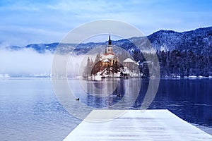 Lake Bled in winter, Bled, Slovenia, Europe.