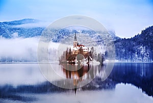 Lake Bled in winter, Bled, Slovenia, Europe.