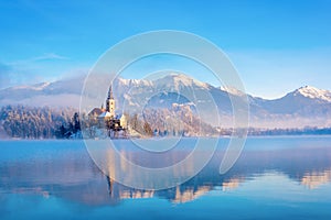 Lake bled on a winter sunny morning with clear sky