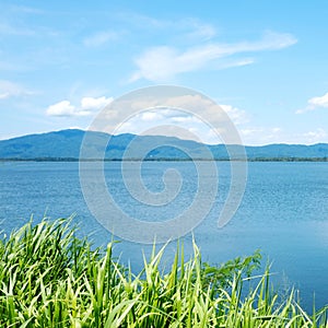 Lake and blue sky landscape, nature background, spring and summer season