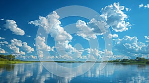 a lake with a blue sky and white clouds reflected in the water