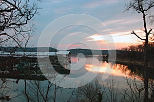 Lake, boat dock & sunset