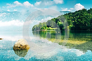 Lake Bohinj in Slovenia, beautiful scenic summer landscape