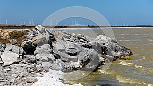 Lake Bonney inlet with the wind farm in the background located in south east south australia on February 19th 2022