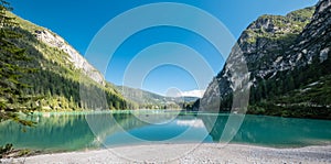 Lake Braies also known as Pragser Wildsee or Lago di Braies in Dolomites Mountains, famous for hiking