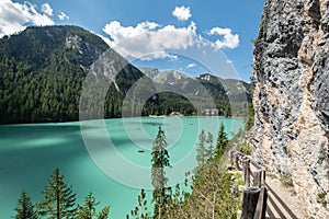 Lake Braies also known as Pragser Wildsee or Lago di Braies in Dolomites Mountains, famous for hiking photo
