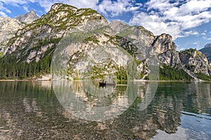 Lake Braies also known as Pragser Wildsee or Lago di Braies in Dolomites Mountains, Sudtirol, Italy