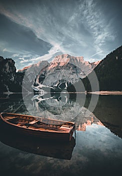 Lake Braies also known as Pragser Wildsee or Lago di Braies in Dolomites Mountains, Sudtirol, Italy