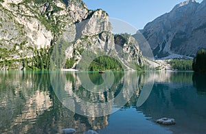 Lake Braies (also known as Pragser Wildsee or Lago di Braies) in Dolomites Mountains, Sudtirol, Italy photo
