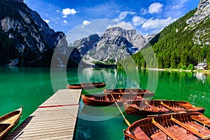 Lake Braies (also known as Pragser Wildsee or Lago di Braies) in Dolomites Mountains, Sudtirol, Italy. Romantic place with typical