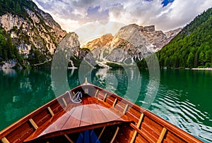 Lake Braies (also known as Pragser Wildsee or Lago di Braies) in Dolomites Mountains, Sudtirol, Italy. Romantic place with typical photo