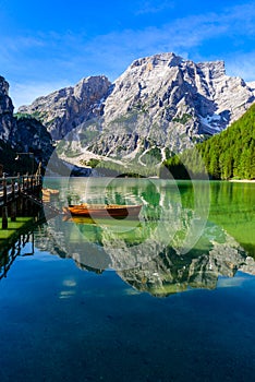 Lake Braies (also known as Pragser Wildsee or Lago di Braies) in Dolomites Mountains, Sudtirol, Italy. Romantic place with typical photo