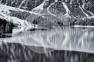 Lake of Braies in black and white landscape