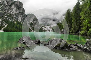 Lake of Braies in cloudy day